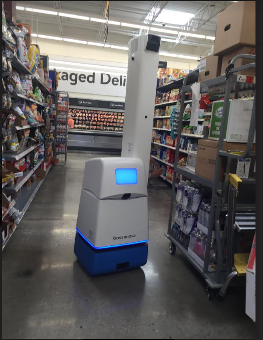 Image of a robot at a Wal-Mart in Florida. The robot scans inventory and places orders.