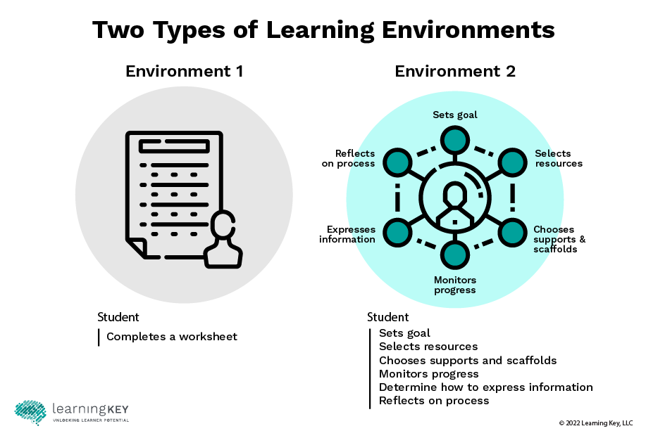 Image of two learning environments. Learning Environment 1 is where a student completes a worksheet. Learning Environment 2 is where a learner sets a goal, selects resources, chooses scaffolds and supports, monitors progress, expresses information, and reflects on the process.